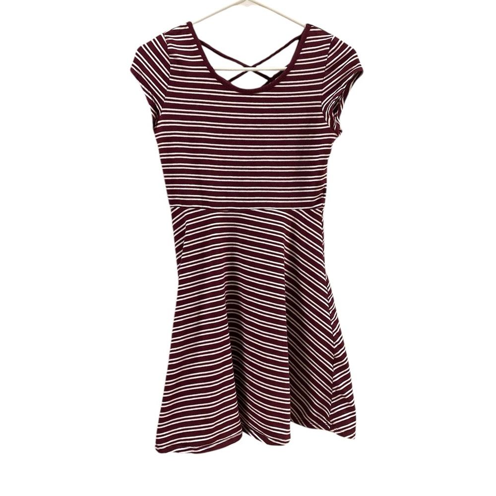 SO Women’s Striped Maroon and White Skater Dress Size M Criss Cross Back Casual